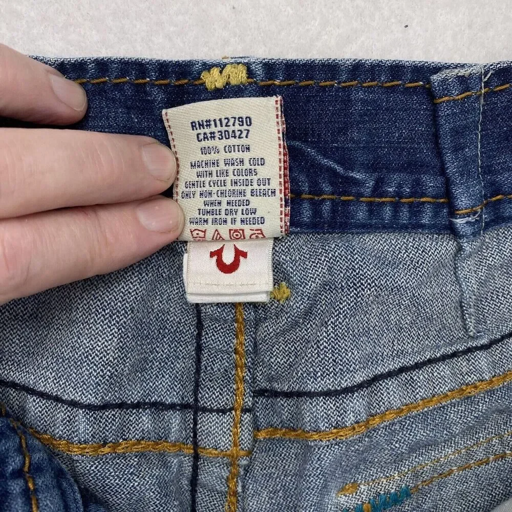 True Religion Mens Ricky Giant Big T Cut Off Jean Shorts Denim Size 30 Made USA